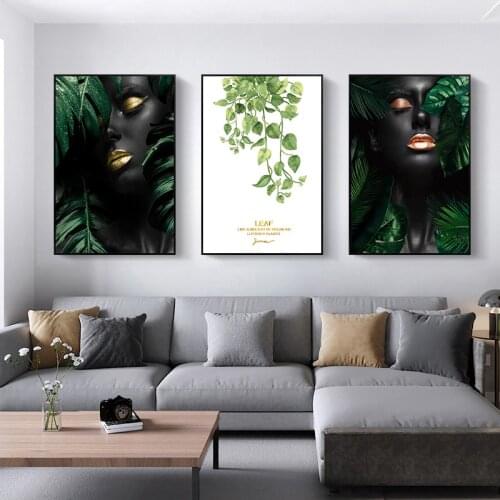 Abstract Sexy Girl with Leaf Paintings Print on Canvas Art Fashion Women Posters Modern Wall Pictures for Living Room Home Decor