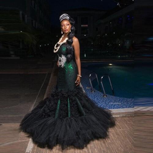 Shiny Green Black Tulle Mermaid Evening Dresses Aso Ebi Luxury Crystal Feather Prom Gown Tiered African Formal Party Dress