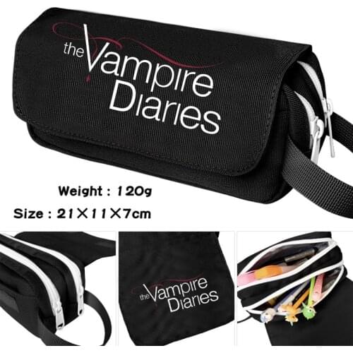 Anime The vampire Diaries Pencil Case Black Cartoon Make up Cosmetic Bag Student Stationery Multi-function flip Bags