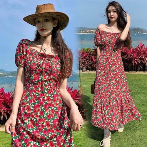 Summer V-neck Floral vestidos de festa Puff Sleeve Beach Robes Femme Retro Dresses for Women Plus size womens clothing