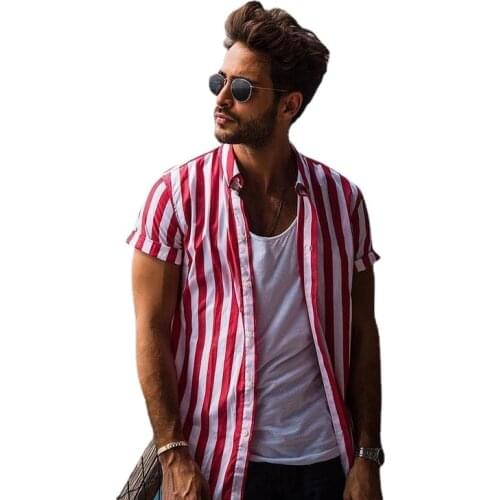 ICCLEK 2021 Summer New Style European and American Style Striped Casual Mens Shirt Short Sleeve Shirt Mens Sleeve Print Shirt