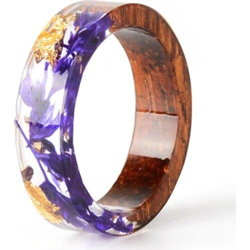 Fashion Resin Rings for Women Men Foil Wood Inside Ring Vintage Handmade Dried Flower Rings Statement Jewelry Gift