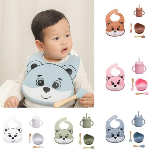 2021 New Baby Feeding Tableware Set Cartoon Bear Food Grade Silicone Plate Suction Bowl Waterproof Non-Slip Bowl Bibs Set Gift