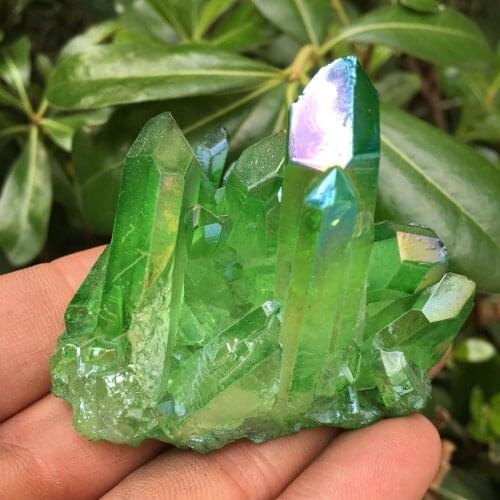 Natural beautiful green electroplated quartz crystal clusters 120-130g