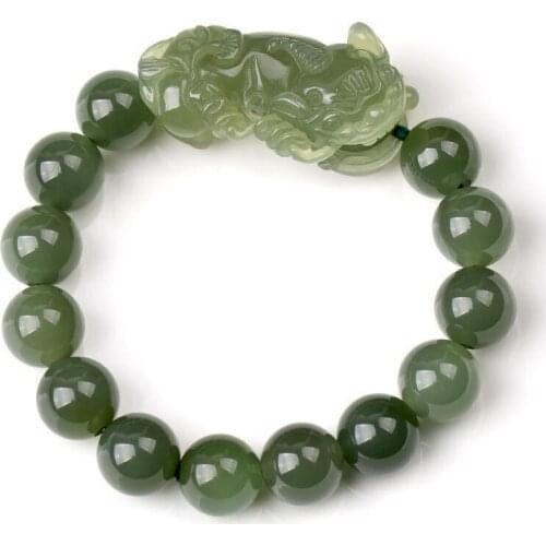 Natural Xinjiang Hetian Jade Pixiu Mens Bracelet Ladies Round Bead Bracelet Jade Bead Lucky Pixiu Safe Jewelry