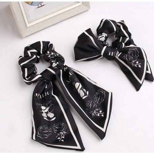 New Arrival Black And White Color Printing Satin Silk Fabric Hair Scrunchies Simple Bow Long Tail Hair Ties For Adult Women