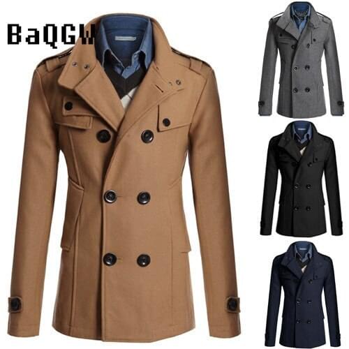 Autum Winter Mens Turtleneck Woolen Coat Mens Slim Double Breasted Thickness Jacket Long Woolen Windbreaker Coat Outwear S-3XL