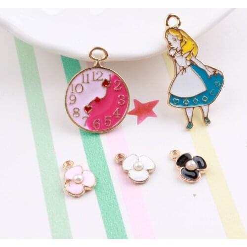 Oil Drop Charms 10pcs/lot Metal Flower Clock Girl Enamel Charms Pendants Gold-Color Fashion Jewelry Accessories