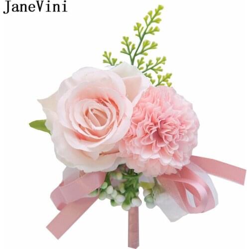 JaneVini Pink Wedding Corsages and Boutonnieres Boutonniere Men Artificial Flowers Red Buttonhole Guft for Bridesmaid Grooms