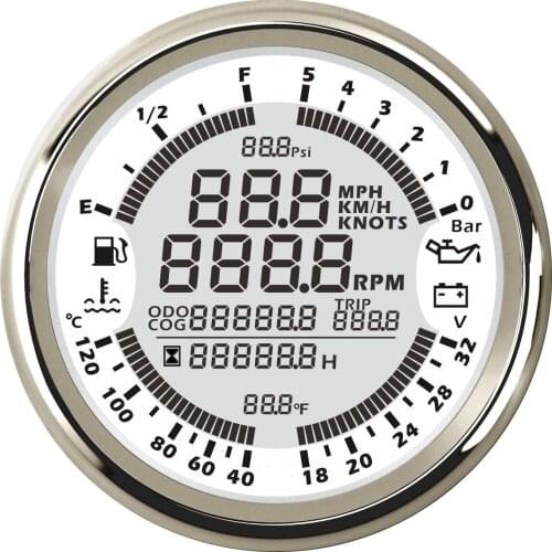 SAMDO 32V 5Bar 85mm 7 Backlight 6 in 1 GPS Speedometer Tachometer Hour Water Temp Fuel Level Oil Pressure Gauge IP68 Waterproof