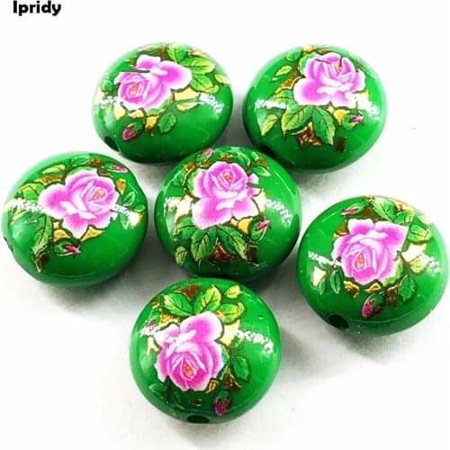 Mixed Green Japan Painting Vintage Japanese Drawing Beads Flat Round the bottom of color Flower Pattern 16mm 10Pcs /lot