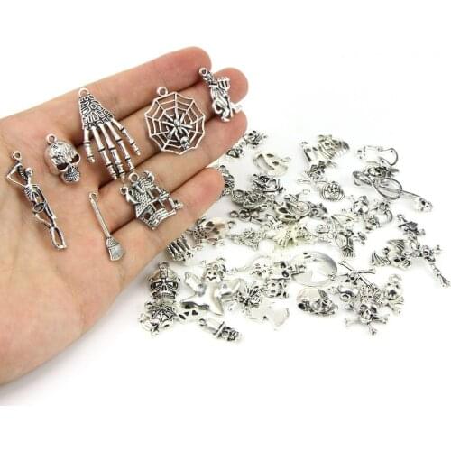 Mixed 60 Designs Skull Skeleton Hand Spider Bat Ghost Wizard Halloween Pendant Charms Diy Jewelry Making 60pcs/bag