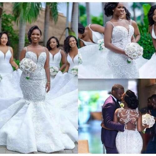 African Ivory Mermaid Wedding Dresses Appliques Lace Beads Pearls Crystals Long Train Bridal Gowns Spaghetti Illusion Bride