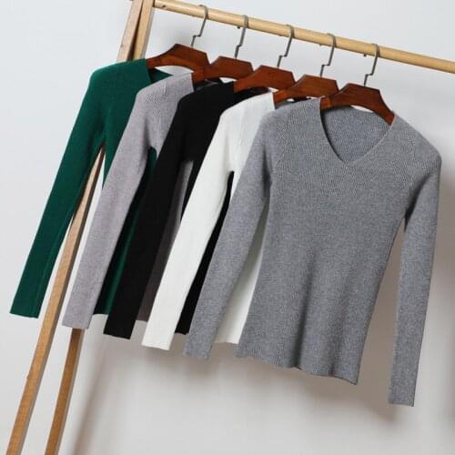 Fall Winter Woman Sweaters V-neck Knit Sweater Long-sleevedSolid Color Slim-fit Base Sweater Womens Pullover Womens Clothing