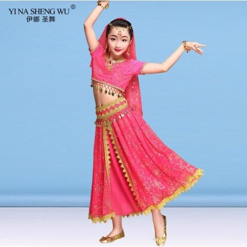 Belly Dance 3 colors whole set 7pcs Sari Dancewear Children Belly Dance Costume Set Indian Dance Costumes Bollywood Kids Dresses