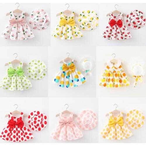 VOGUEON Summer Princess Girls Dress + Hat 2pcs Children Set Cartoon Print Cute Baby Girl Dresses Bow Sleeveless Clothes Toddler