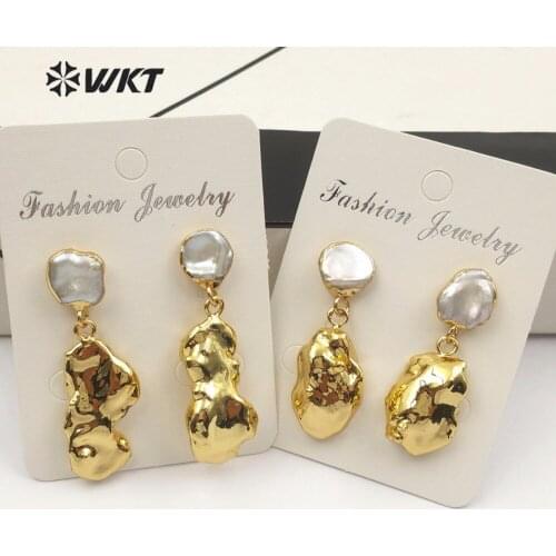 WT-E490 WKT Best selling pearl stud with natural random size Baroque pearls full gold dip dyed ladies earrings gift jewelry