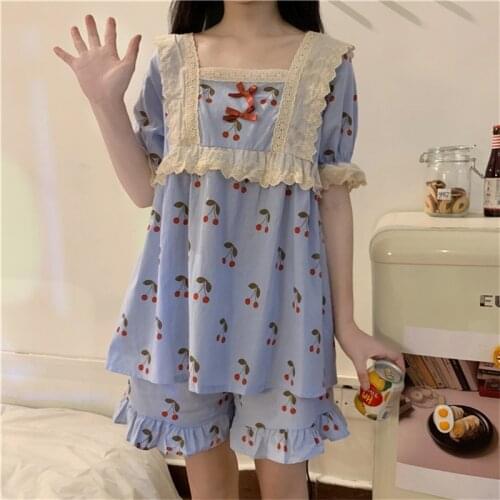 Japanese Sweet Soft Girly Tracksuit Suit Girl Pajamas Home Service 2020 Summer Square Collar Cartoon Print Gauze Woman Clothing