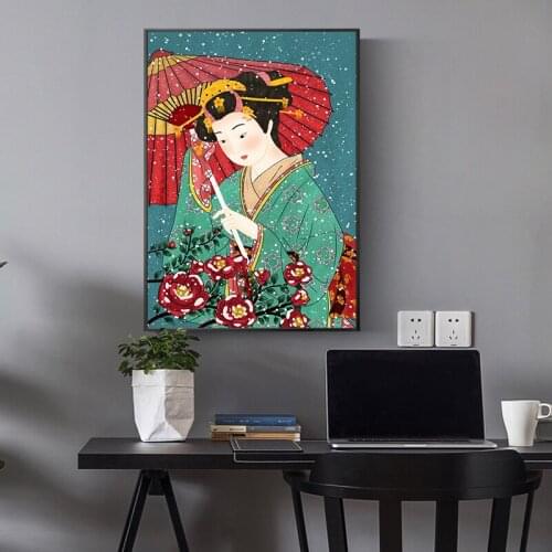 Japanese Style Anime Manga Anime Canvas Poster Japanese Geisha Umbrella Praying for Koi Frameless Art Cartoon Anime Home Decor