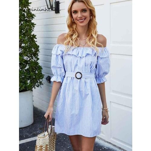 Yinlinhe Blue Striped Dress Women Short Sleeve Off Shoulder Summer Dress Slash Neck Ruffles Dress Work Wear Lady Outfits 1767