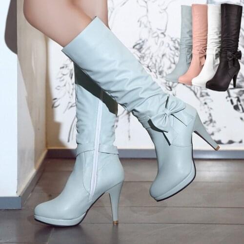 MAZIAO 2016 Plus Size 34-43 Women Boots Spike Heels Round Toe Knee Boots Woman Shoes Female Boots Black White Pink Blue