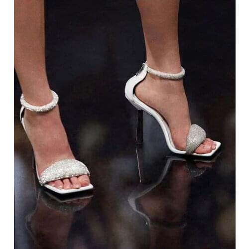 2021 New Summer Sexy Woman Heels Glitter Prom Elegant Stripper Shoes Ankle Sparkling Black White Diamond Crystal Party Stiletto