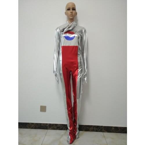 Women‘s Red and Silver color Shiny Metallic Cosplay Costume Zentai Halloween Suit for men kids