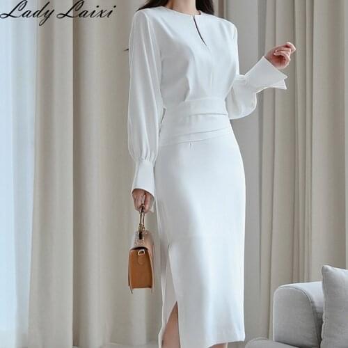 2020 Spring Solid white Women Slim Office Bodycon pencil Dresses Elegant Sexy Midi Long Party Dress