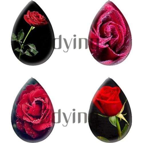 Zdying 10pcs Red Rose Pattern Tear Drop Glass Cabochon Art Picture Jewelry Cabochons Jewelry Findings For Necklace Brooch Charm