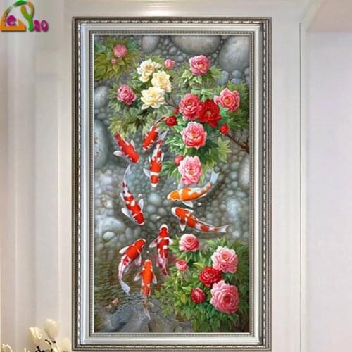Koi Fish flower Feng Shui Carp Diamond Painting Cross Stitch Diamond Embroidery Full Square Round Rhinestone painting decor gift