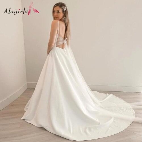 Ivory Satin Wedding Dresses Spaghetti Strap Wedding Gown Tulle Transparent Wedding Dress 2021 Bridal Dress Weddign Party Dress
