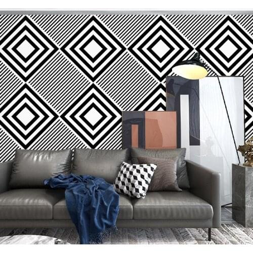 Black and white square wallpaper geometric pattern simple modern bedroom living room background wall plaid stripe wallpaper