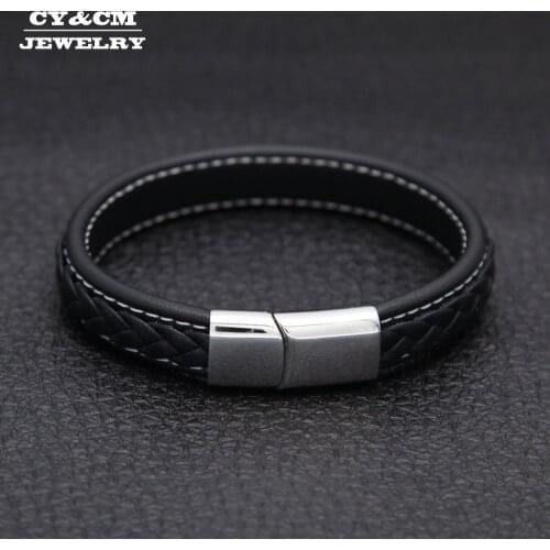 CY&CM 12mm Handmade Weaved Rope Genuine Braided Leather Hip Hop Bracelet Stainless Steel Casual Sport Men Bangle Retro Jewelry