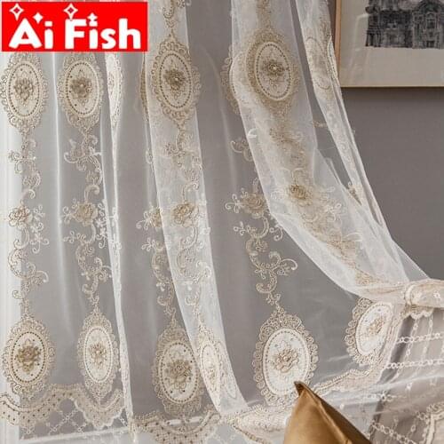European Beige Velvet Delicate Flowers Beads Embroidery Tulle Curtains For Living Room Luxury Elegant Lace Mesh Voile Drapes #5