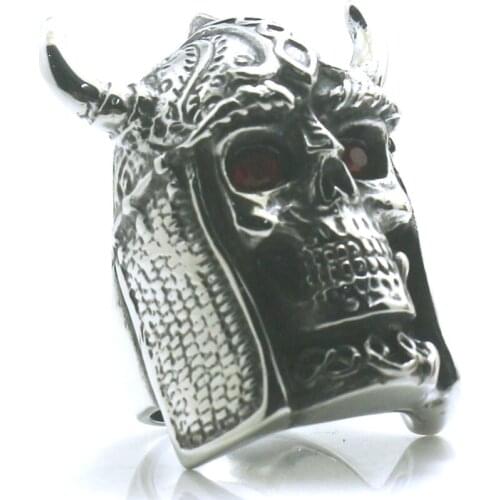 Size 7 to Size 15 Mens Boys 316L Stainless Steel Big Skull Red Stone Eye Northern Europe Vikings Ring