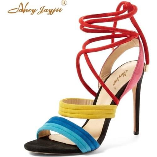 Nancyjayjii Rainbow Colored Shoes Women Summer Open Toe 12cm Fashion Mixed Colors High Heels Sandals Casual&Party Woman Shoes