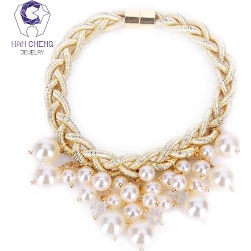 HanCheng New Fashion Golden Weave Rope Tassel Pearl Choker Necklace Women Necklaces Magnet Statement collar jewelry bijoux