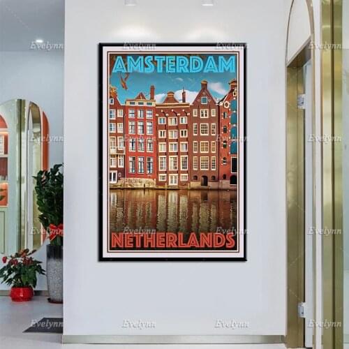 Retro Vintage Style Travel Poster Amsterdam Netherlands Oil Painting Posters and Prints on Canvas Wall Art Pictures Home Decor