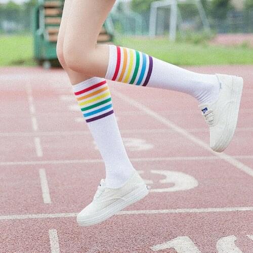 Luxury Rainbow Stripe knee Long Socks Woman Cotton Fashion Colorful High Quality Female Leg Socks Vintage Hiphop Skateboard Sock
