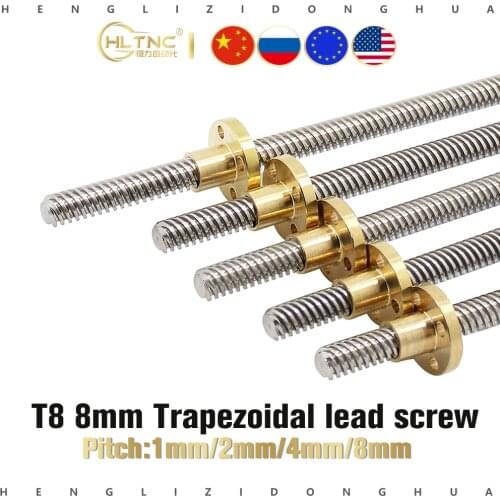 3D Printer T8 100mm 200mm 300mm 400mm 500mm 600mm Z Axis Lead Screw 8mm Screw Pitch 1/2/4/8 with Brass Nut