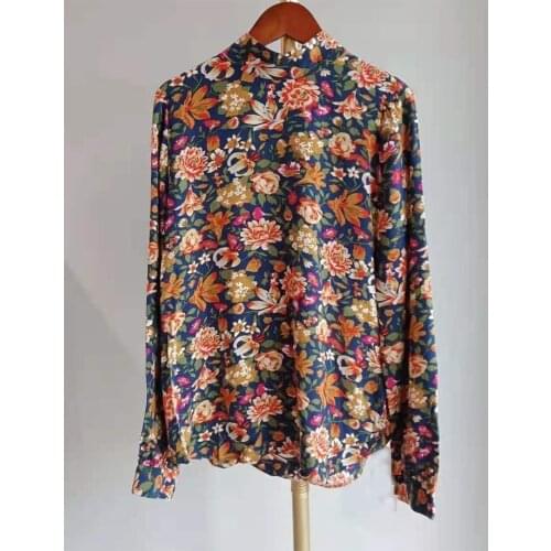Women Long Sleeve Silk Floral Printed Blouse Shirt Top