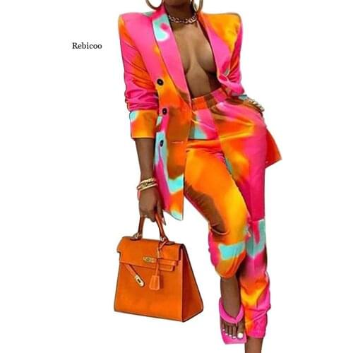 Women Blazer 2 Pieces Suits Slim Autumn Casual Office Print Long Sleeve Female Single Breasted Mujer De Moda Long Pants New