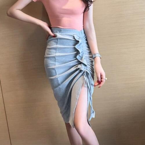 Zoki Sexy Split Fork Women Midi Skirts Korean Fashion Shirring High Waist Designed Slim Pure Cotton Skirt Casual Faldas Mujer
