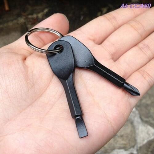 1 Set Stainless Steel Mini EDC Outdoor Multifunction Screwdriver Key Shape Slotted Screwdrivers Keychain Pocket Repair Tool
