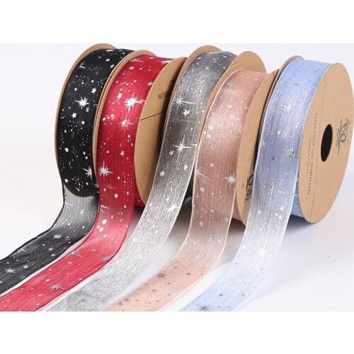 20yards Insta Organza Tulle Ribbon Roll With White Stars For Girls Hair Accessiores Diy Gift Packaging Deco 30mm Width