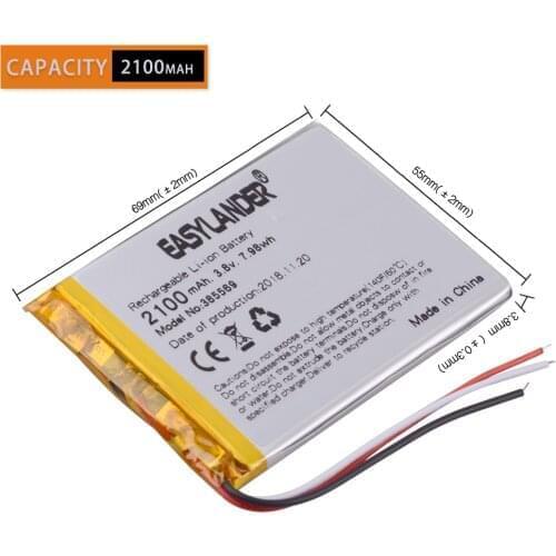 3pcs/Lot 385569 405570 3.8V 2100mAh Rechargeable li Polymer Battery For GPS DVR Car recorder phone E-book Tablet PC