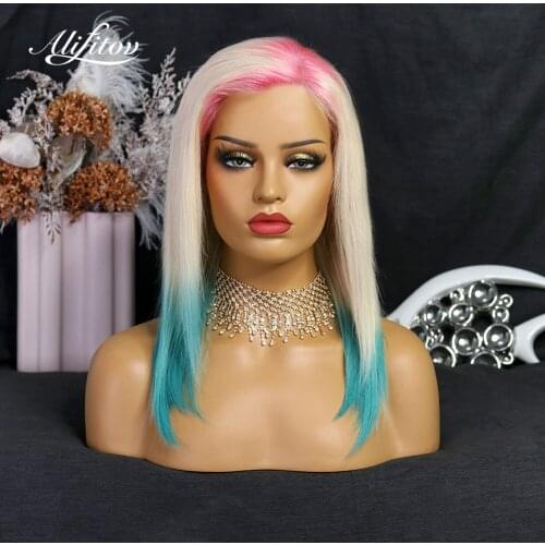 ALIFITOV Ombre Pink 613 Blue Lace Front Wig Pre Plucked Silky Straight Wig Short Bob Remy Hair Human Hair Wigs For Women