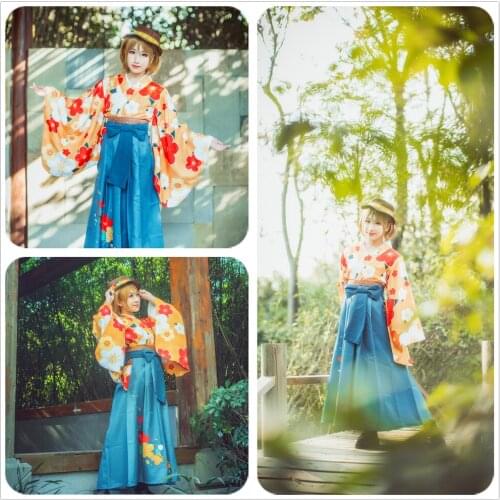 Anime Love Live! Koizumi Hanayo Cosplay Costume Yellow Taisho Kimono Shirt Unawakened Adult Women Outfit Hat Dress Cap Halloween