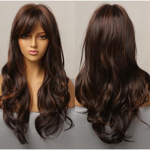 Long Wave Wigs with Side Bangs for Black Women Ombre Dark Brown Golden Highlight Synthetic Wigs Heat Resistant Cospaly Daily Use
