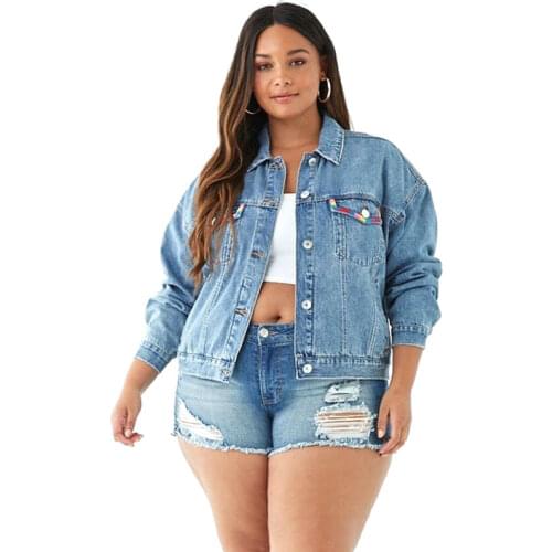 Spring women fashion loose plus size water wash single breasted embroidery jean cotton outerwear female trendy denim jacket
